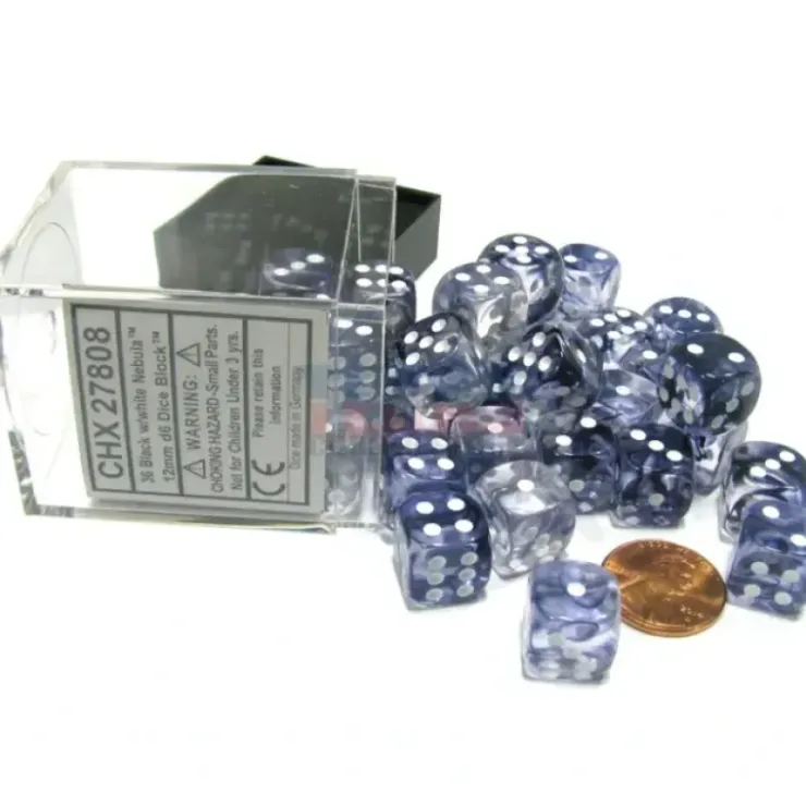 Dice>Nebula 12mm D6 Chessex Dice Block (36 Dice) - Black with White Pips - Your Source for Gaming Essentials