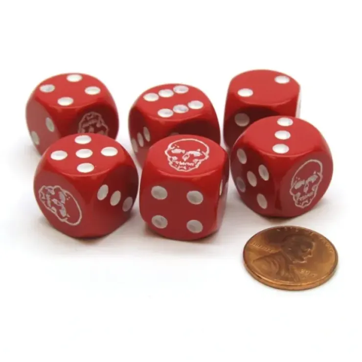 Dice>Opaque 16mm D6 Skull Face Dice, 6 Pieces -Red with White Skull on the Ace Side - Your Source for Gaming Essentials