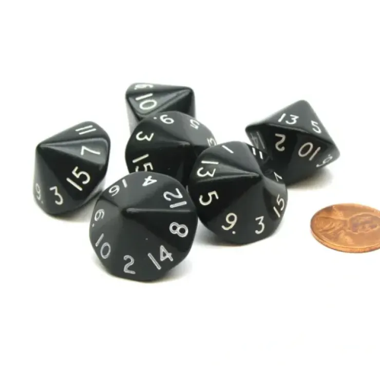 Dice>Opaque 17mm 16 Sided D16 Chessex Dice, 6 Pieces - Black with White Numbers - Your Source for Gaming Essentials