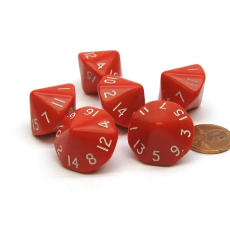 Dice>Opaque 17mm 16 Sided D16 Chessex Dice, 6 Pieces - Red with White Numbers - Your Source for Gaming Essentials