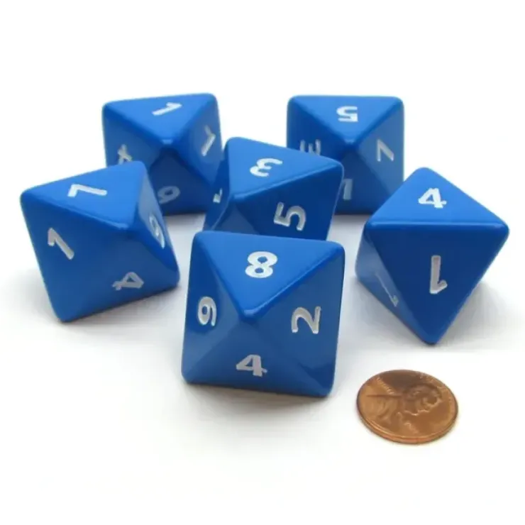 Dice>Opaque 25mm 8 Sided D8 Large Jumbo Numbered Dice, 6 Pieces - Blue with White - Your Source for Gaming Essentials