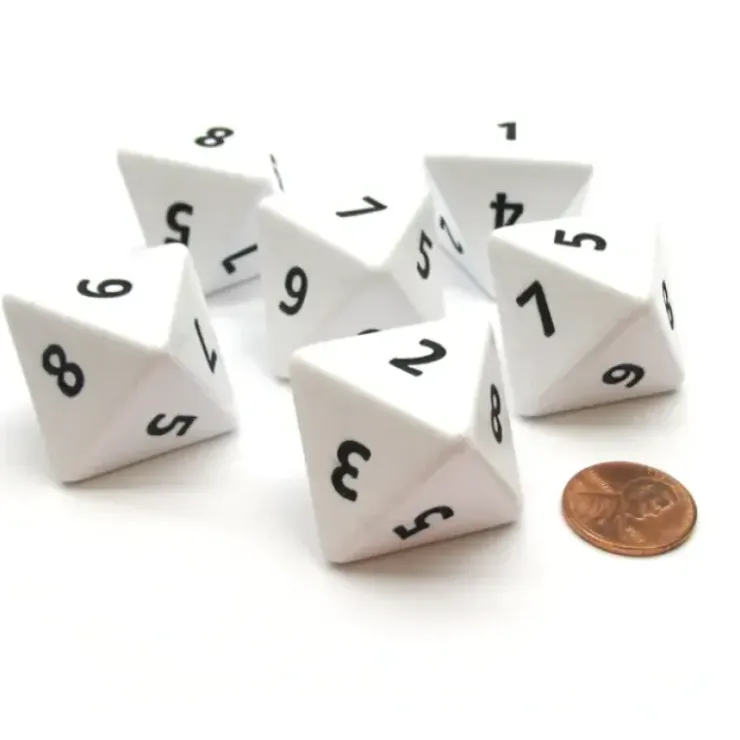 Dice>Opaque 25mm 8 Sided D8 Large Jumbo Numbered Dice, 6 Pieces - White with Black - Your Source for Gaming Essentials