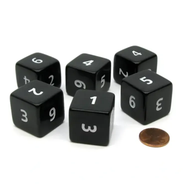 Dice>Opaque 25mm 6 Sided D6 Large Jumbo Numbered Dice, 6 Pieces - Black with White - Your Source for Gaming Essentials