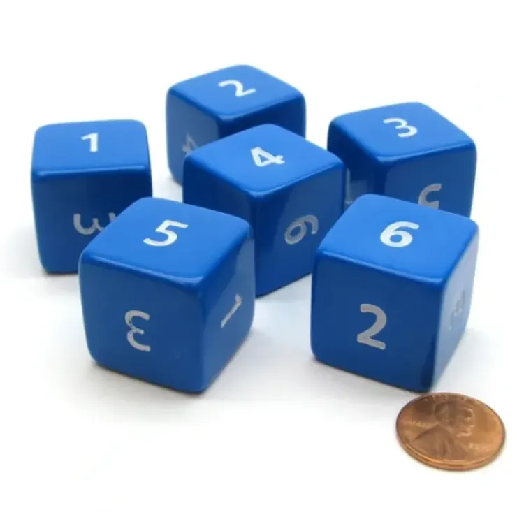 Dice>Opaque 25mm 6 Sided D6 Large Jumbo Numbered Dice, 6 Pieces - Blue with White - Your Source for Gaming Essentials