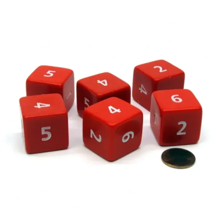 Dice>Opaque 25mm 6 Sided D6 Large Jumbo Numbered Dice, 6 Pieces - Red with White - Your Source for Gaming Essentials
