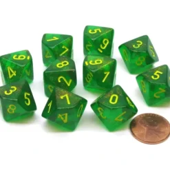 Dice>Pack of 10 Chessex Borealis D10 Dice - Maple Green with Yellow Numbers - Your Source for Gaming Essentials