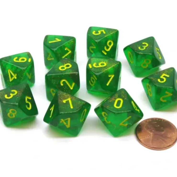 Dice>Pack of 10 Chessex Borealis D10 Dice - Maple Green with Yellow Numbers - Your Source for Gaming Essentials
