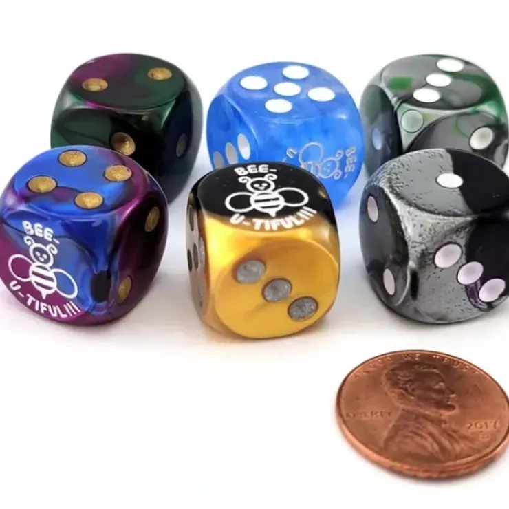 Dice>Pack of 6 Chessex Custom Engraved 16mm D6 Assorted Style Dice - Bee-u-tiful - Your Source for Gaming Essentials