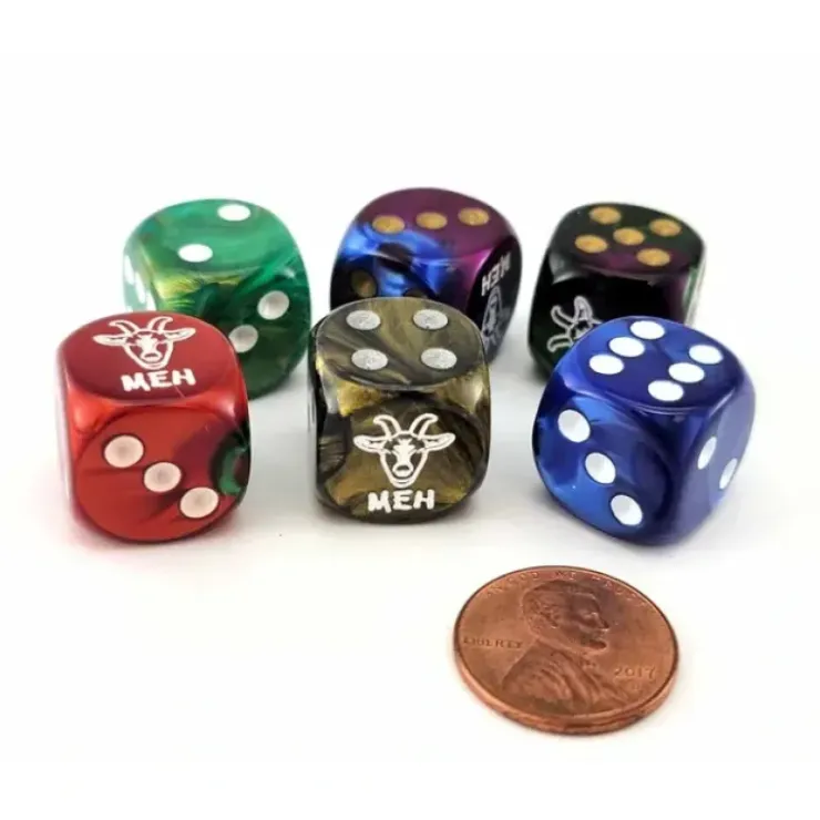 Dice>Pack of 6 Chessex Custom Engraved 16mm D6 Assorted Style Dice - Meh Goat - Your Source for Gaming Essentials