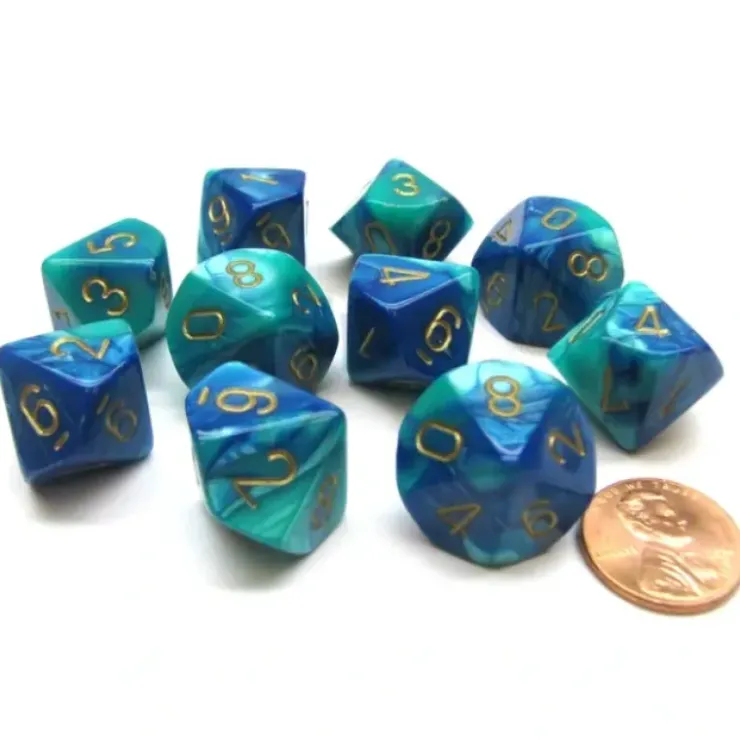 Dice>Pack Of 10 Chessex Gemini D10 Dice - Blue-Teal with Gold Numbers - Your Source for Gaming Essentials