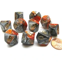Dice>Pack Of 10 Chessex Gemini D10 Dice - Orange-Steel with Gold Numbers - Your Source for Gaming Essentials