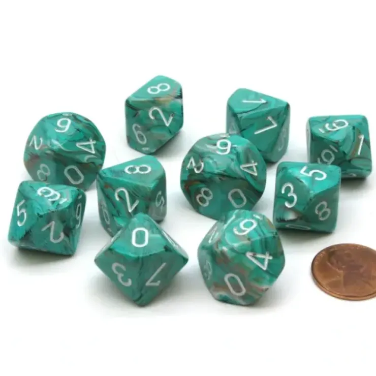 Dice>Pack of 10 Chessex Marble D10 Dice - Oxi-Copper with White Numbers - Your Source for Gaming Essentials