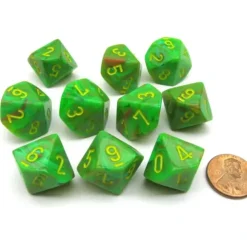 Dice>Pack of 10 Chessex Vortex D10 Dice - Slime with Yellow Numbers - Your Source for Gaming Essentials