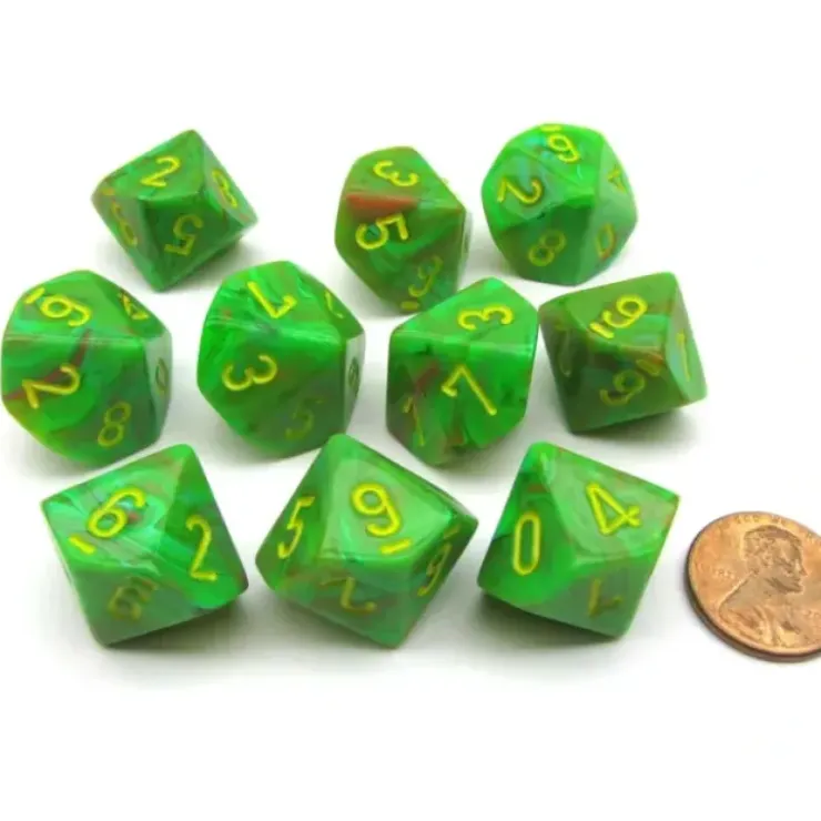 Dice>Pack of 10 Chessex Vortex D10 Dice - Slime with Yellow Numbers - Your Source for Gaming Essentials