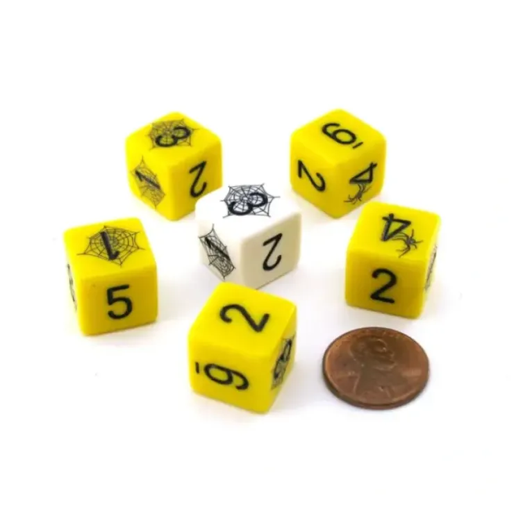 Dice>Pack of 6 Custom Engraved 16mm Spider Dice - Yellow with Black, White with Black - Your Source for Gaming Essentials