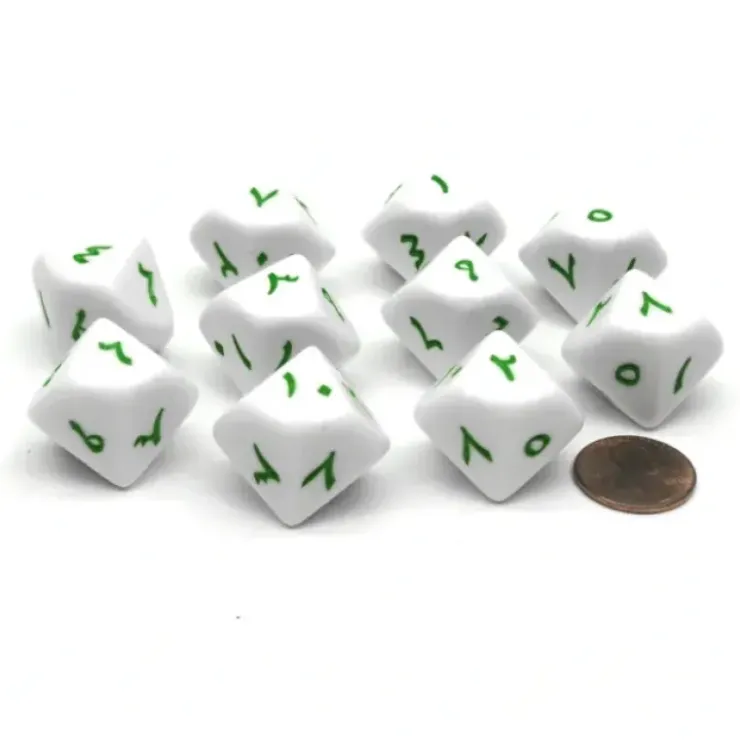 Dice>Pack of 10 D10 Arabic Word Number Dice, 1 to 10 - White with Green Words - Your Source for Gaming Essentials