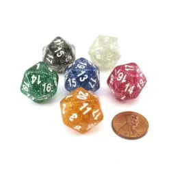 Dice>Pack of 6 D20 Glitter Dice - Black, Blue, Clear, Green, Purple, Yellow - Your Source for Gaming Essentials