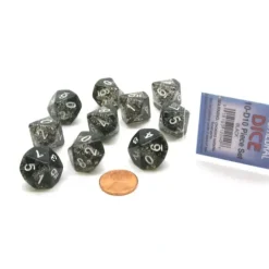 Dice>Pack of 10 D10 Glitter Dice in Display Case- Black with White Numbers - Your Source for Gaming Essentials