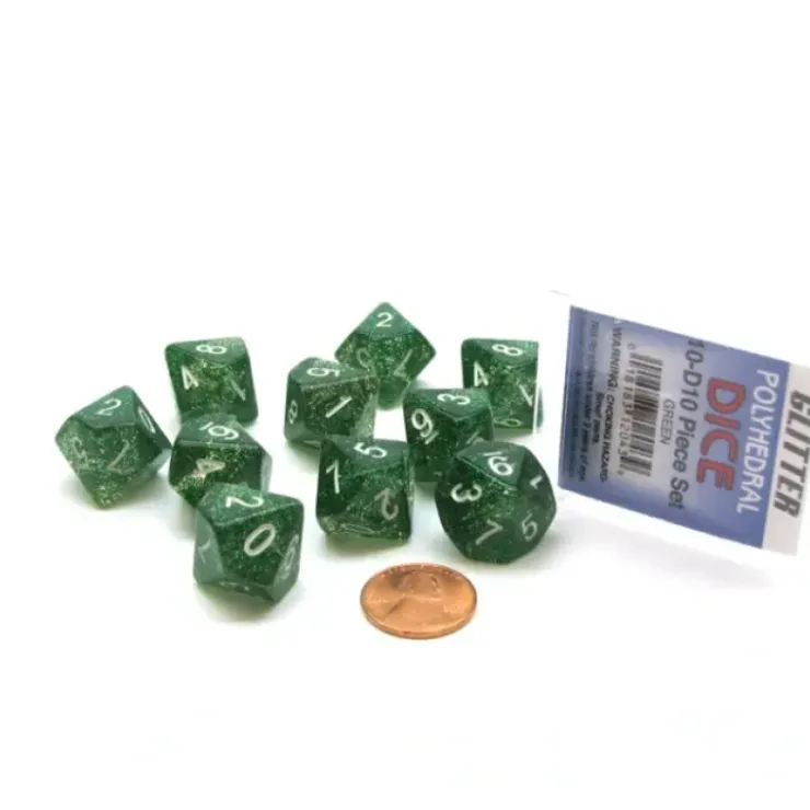 Dice>Pack of 10 D10 Glitter Dice in Display Case- Green with White Numbers - Your Source for Gaming Essentials