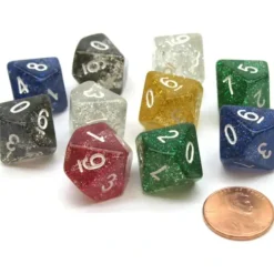 Dice>Pack of 10 D10 Glitter 10-Sided Dice - Assorted Colors - Your Source for Gaming Essentials