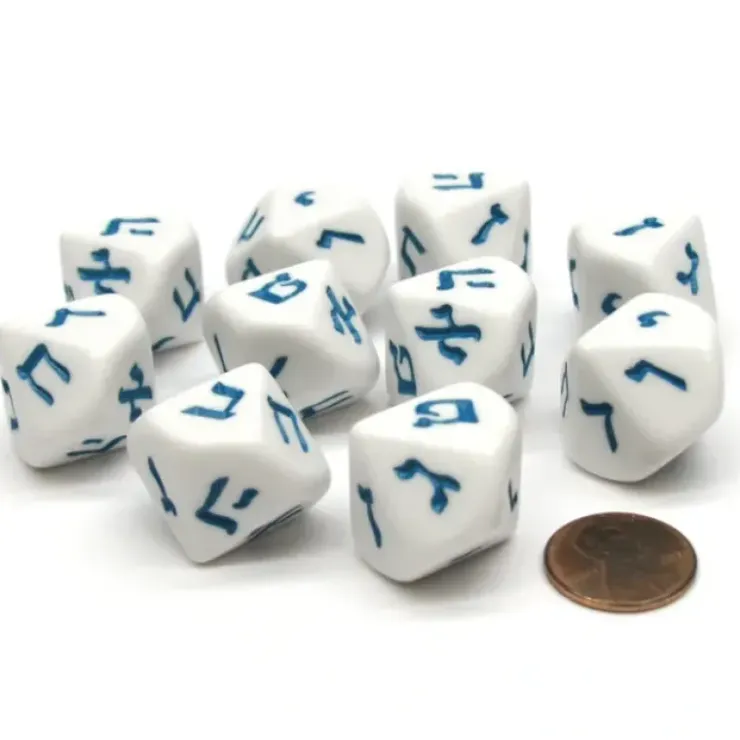 Dice>Pack of 10 D10 Hebrew Numeral Dice, 1 to 10 - White with Blue Numbers - Your Source for Gaming Essentials