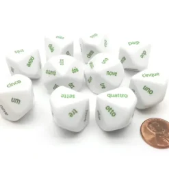 Dice>Pack of 10 D10 Italian Word Number Dice, 1 to 10 - White with Green Words - Your Source for Gaming Essentials