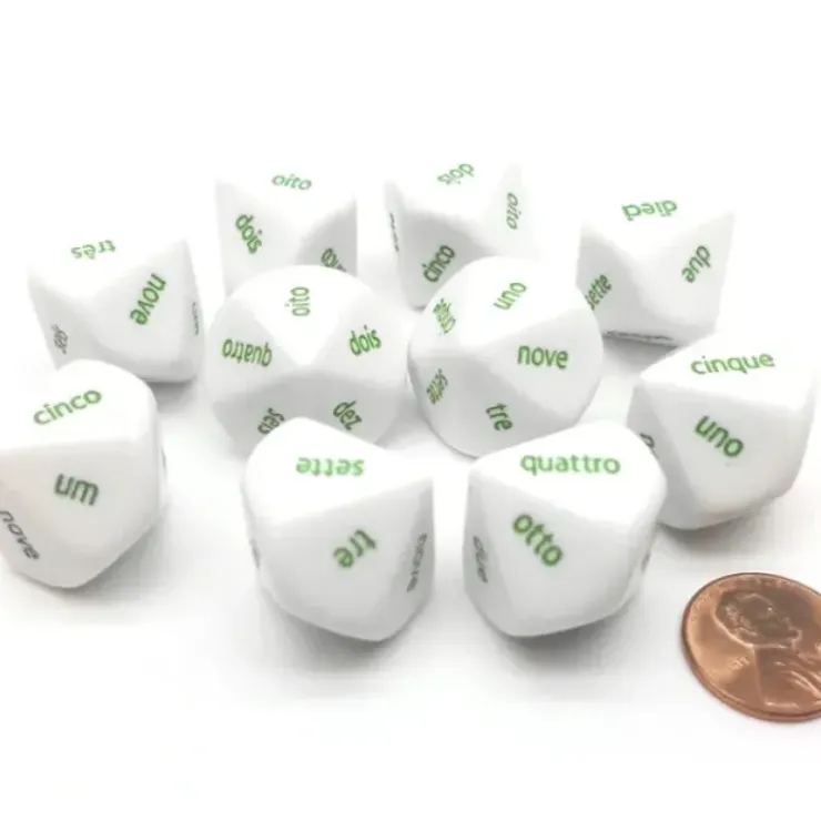 Dice>Pack of 10 D10 Italian Word Number Dice, 1 to 10 - White with Green Words - Your Source for Gaming Essentials