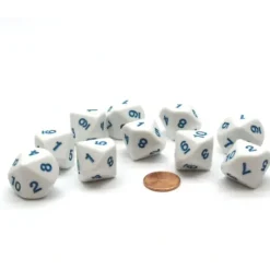 Dice>Pack of 10 D10 20mm Dice Numbered 1 to 10 - White with Blue Numbers - Your Source for Gaming Essentials