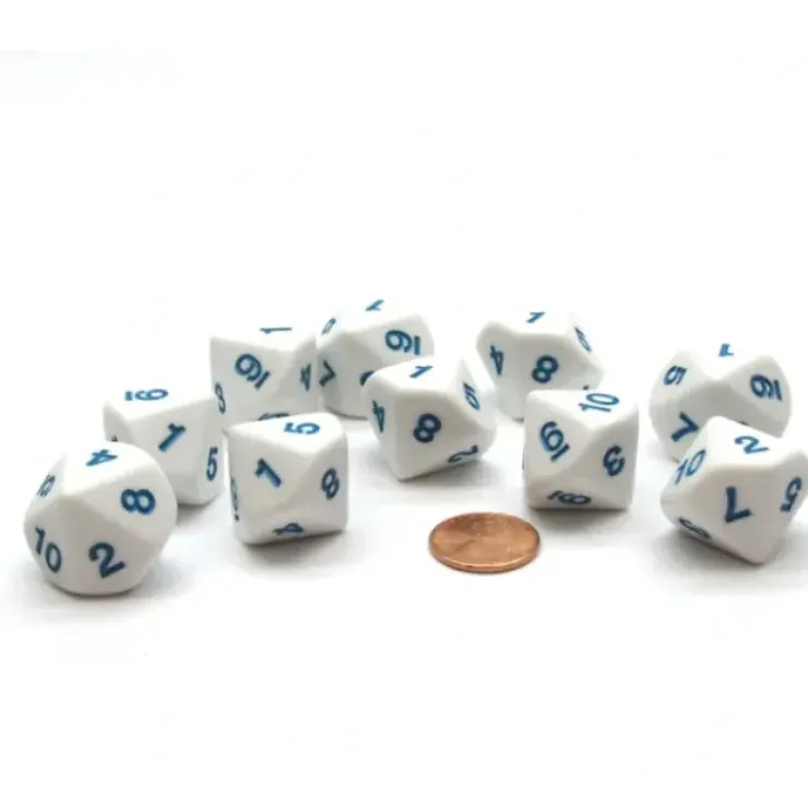 Dice>Pack of 10 D10 20mm Dice Numbered 1 to 10 - White with Blue Numbers - Your Source for Gaming Essentials