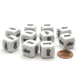 Dice>Pack of 10 D6 16mm German Article Dice - White with Black Words - Your Source for Gaming Essentials