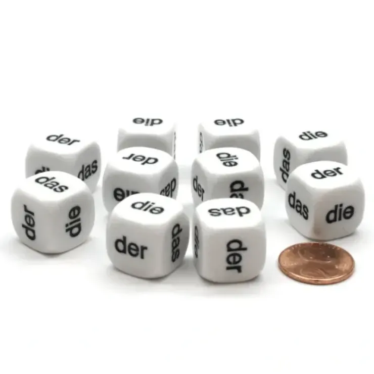 Dice>Pack of 10 D6 16mm German Article Dice - White with Black Words - Your Source for Gaming Essentials