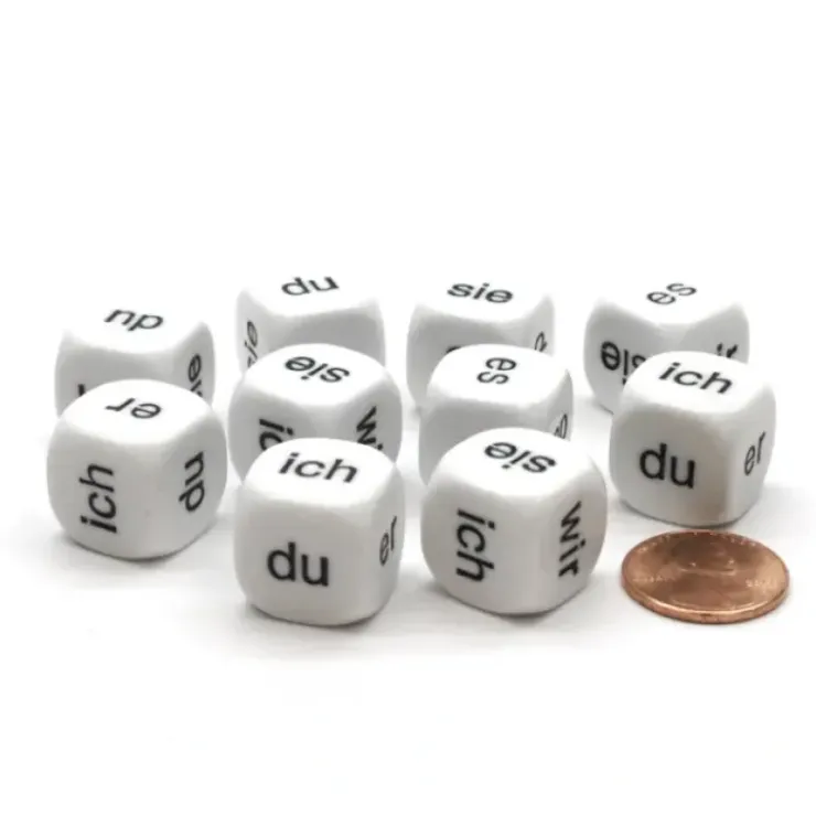 Dice>Pack of 10 D6 16mm German Pronoun Dice - White with Black Words - Your Source for Gaming Essentials