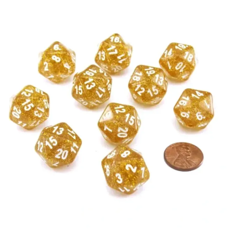 Dice>Pack of 10 D20 20mm Koplow Games Glitter Dice - Yellow - Your Source for Gaming Essentials