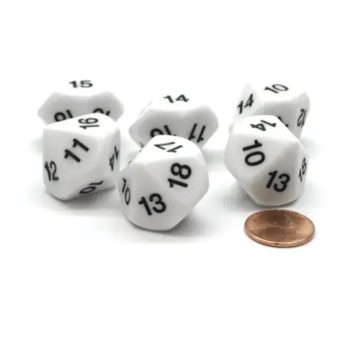 Dice>Pack of 6 D10 20mm Numbered 10 to 19 Dice - White with Black - Your Source for Gaming Essentials