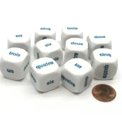 Dice>Pack of 10 D6 20mm Numbered 1 to 6 French Word Dice - White with Blue Words - Your Source for Gaming Essentials