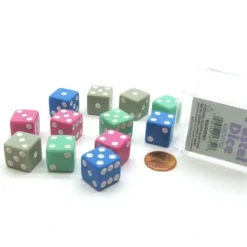 Dice>Pack of 12 D6 16mm Pastel Dice in Storage Case - Assorted Colors with White Pips - Your Source for Gaming Essentials