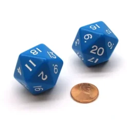 Dice>Pack of 2 D20 Opaque 29mm Jumbo Dice - Blue with White Numbers - Your Source for Gaming Essentials
