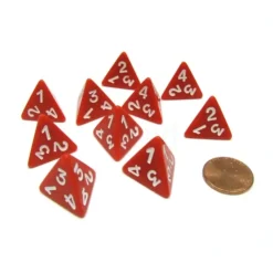 Dice>Pack of 10 D4 Opaque 4 Sided Dice - Red with White Numbers - Your Source for Gaming Essentials