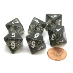 Dice>Pack of 6 D8 8-Sided Glitter Dice - Black with White Numbers - Your Source for Gaming Essentials