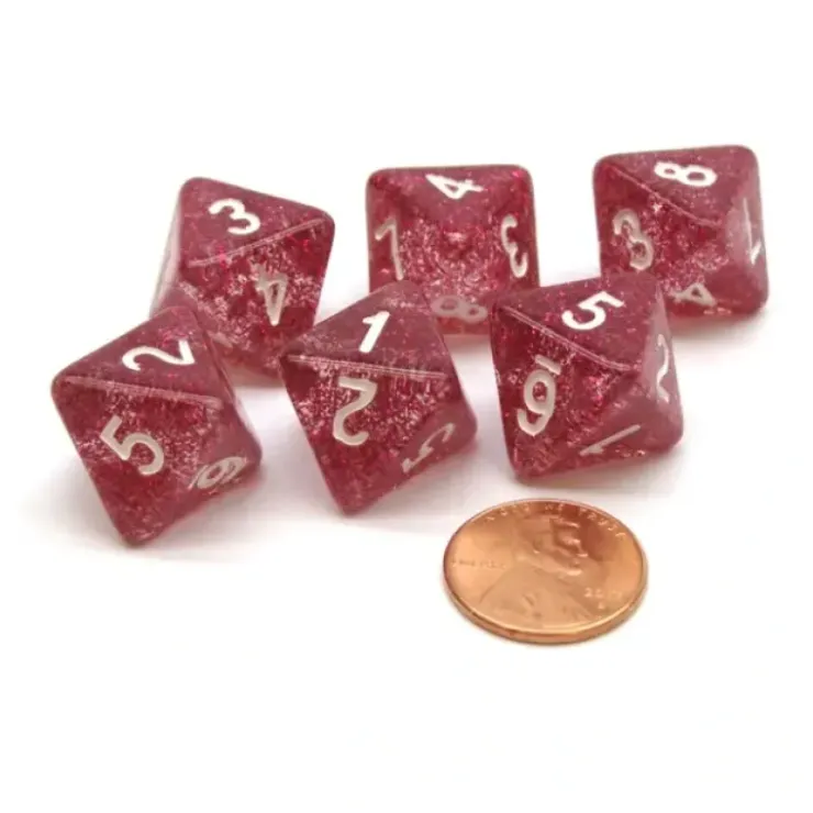 Dice>Pack of 6 D8 8-Sided Glitter Dice - Purple with White Numbers - Your Source for Gaming Essentials