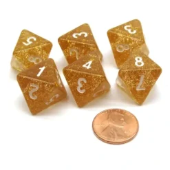 Dice>Pack of 6 D8 8-Sided Glitter Dice - Yellow with White Numbers - Your Source for Gaming Essentials