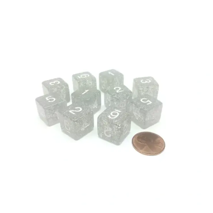 Dice>Pack of 10 D6 6 Sided 16mm Koplow Games Number Glitter Dice - Clear - Your Source for Gaming Essentials