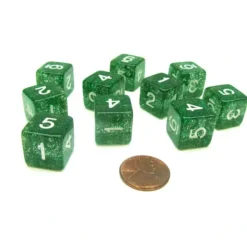 Dice>Pack of 10 D6 6 Sided 16mm Koplow Games Number Glitter Dice - Green - Your Source for Gaming Essentials
