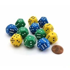 Dice>Pack of 12 D6 12-Sided Spotted 1-6 Twice Dice - 4 Each of Green Yellow Blue - Your Source for Gaming Essentials