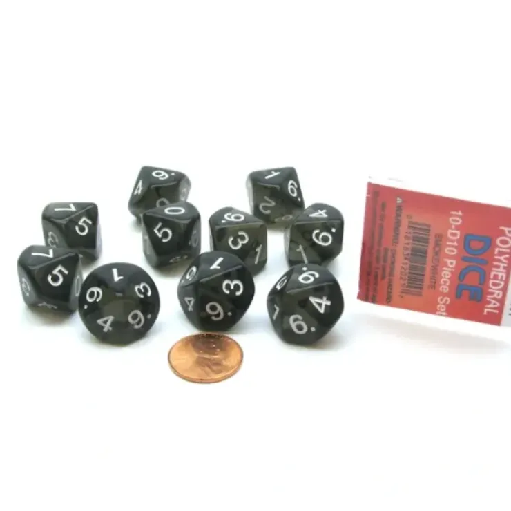 Dice>Pack of 10 D10 Transparent Dice in Case - Smoke (Black) with White Numbers - Your Source for Gaming Essentials