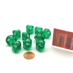 Dice>Pack of 10 D10 Transparent Dice in Display Case - Green with White Numbers - Your Source for Gaming Essentials