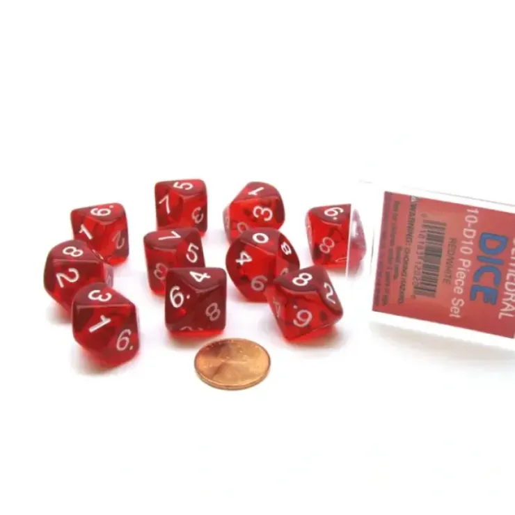 Dice>Pack of 10 D10 Transparent Dice in Display Case - Red with White Numbers - Your Source for Gaming Essentials