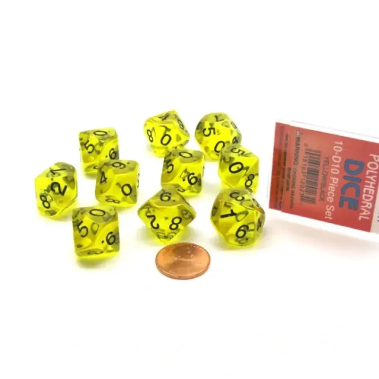 Dice>Pack of 10 D10 Transparent Dice in Display Case - Yellow with Black Numbers - Your Source for Gaming Essentials