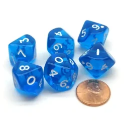 Dice>Pack of 6 D10 Transparent 10-Sided Dice - Blue with White Numbers - Your Source for Gaming Essentials