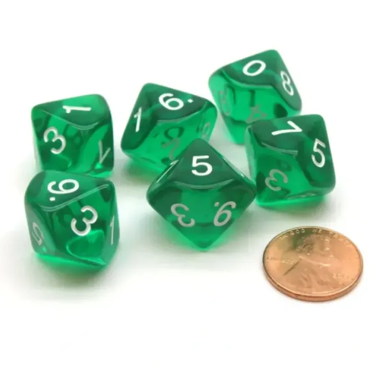 Dice>Pack of 6 D10 Transparent 10-Sided Dice - Green with White Numbers - Your Source for Gaming Essentials